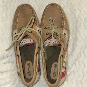 Size 10 Women’s Sperry Topsider Boat Shoes in tan & pink and brown plaid detail